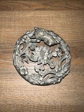 Vintage 1992 Rawcliffe Pewter 3D Lid PC 2992 Cat Openwork Floral Design Trinket